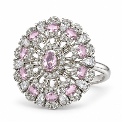 Pink Oval Center Floral Cluster Ring - Silver Plated - product view