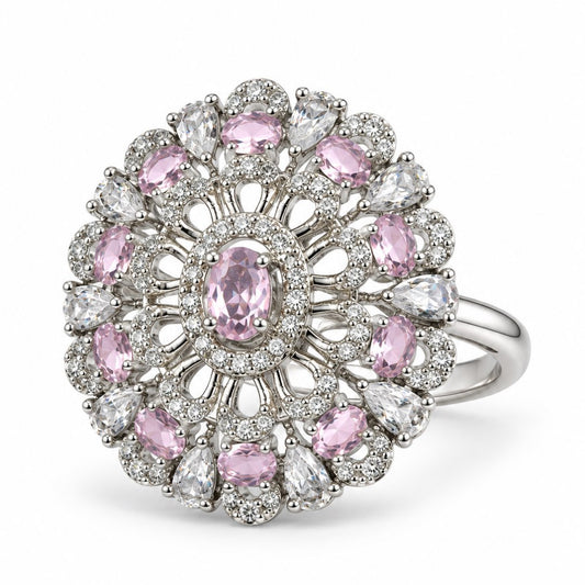 Pink Oval Center Floral Cluster Ring - Silver Plated - product view
