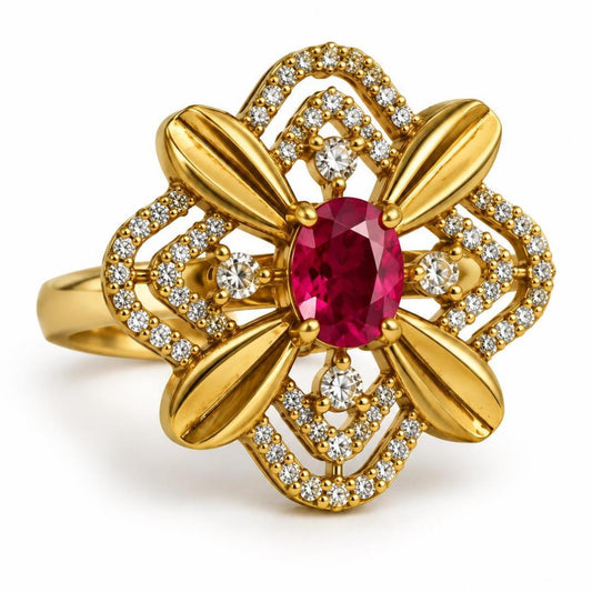 Red Stone Four Petal Floral Ring - Gold Plated, product view