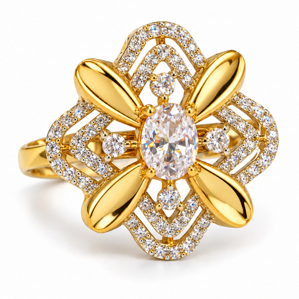 White Center Stone Four-Petal Floral Ring - Gold Plated
