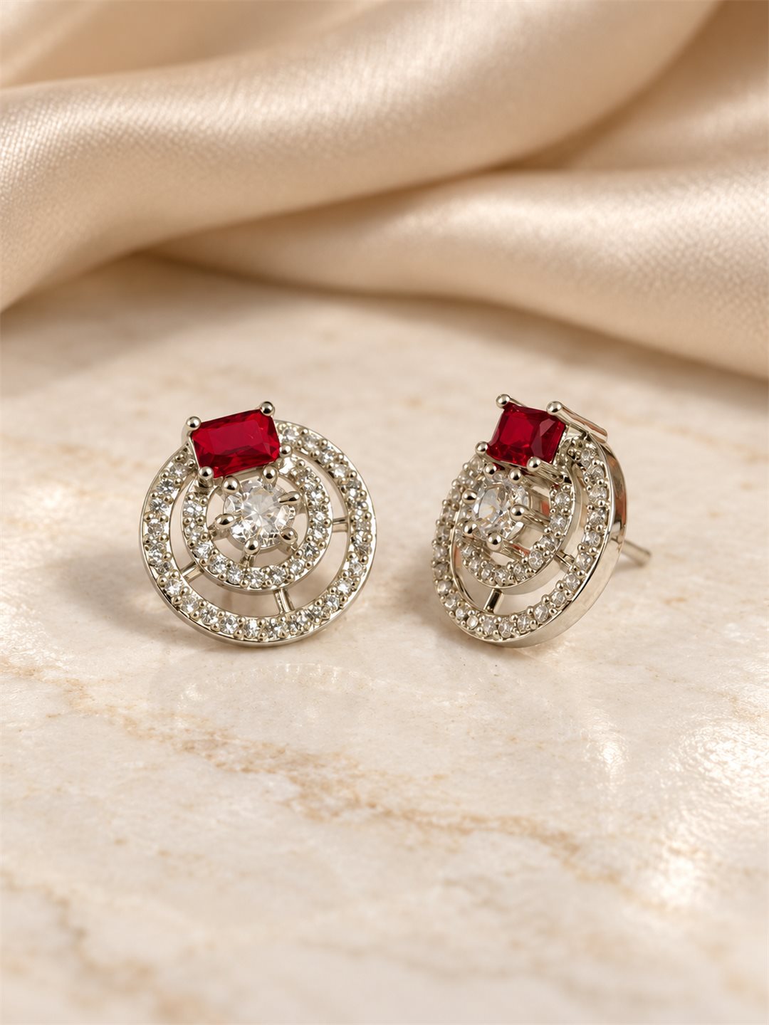 Red Stone Double Halo Stud Earrings, silver plated, lifestyle view