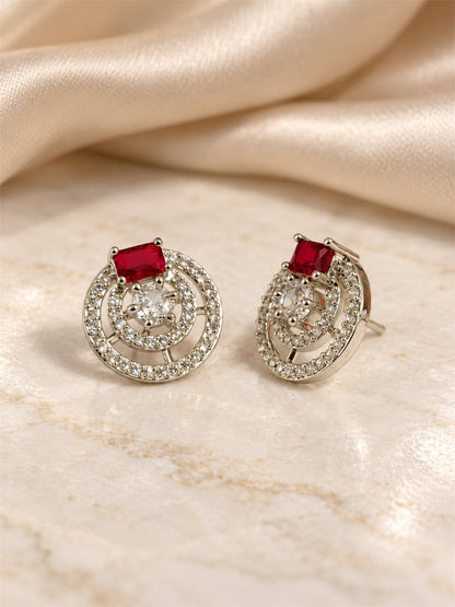 Red Stone Double Halo Stud Earrings, silver plated, lifestyle view