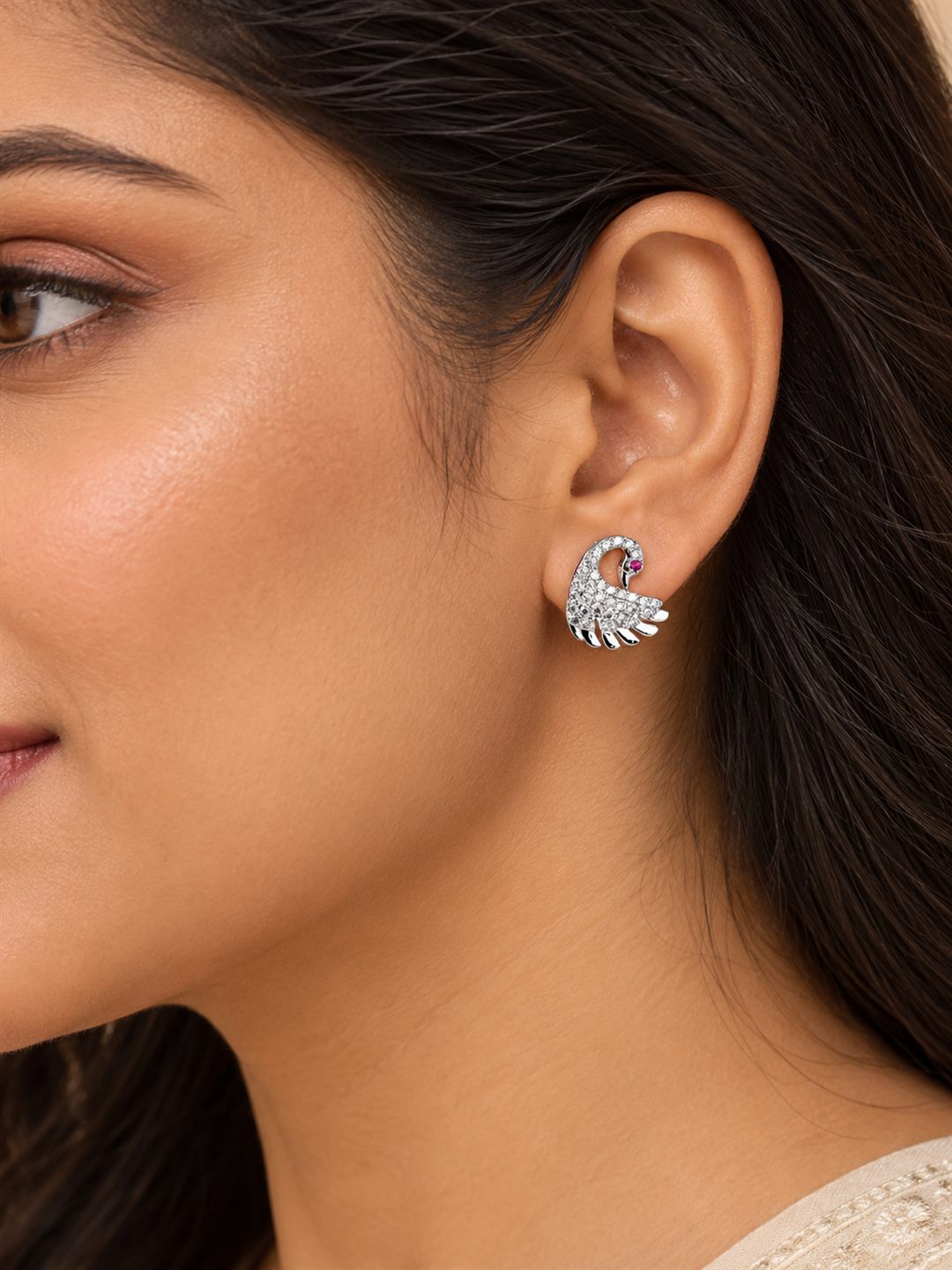 Clear Stone Swan Stud Earrings, silver plated, model close-up