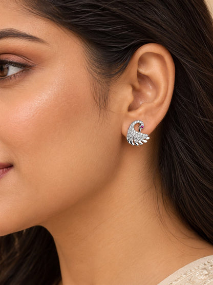 Clear Stone Swan Stud Earrings, silver plated, model close-up