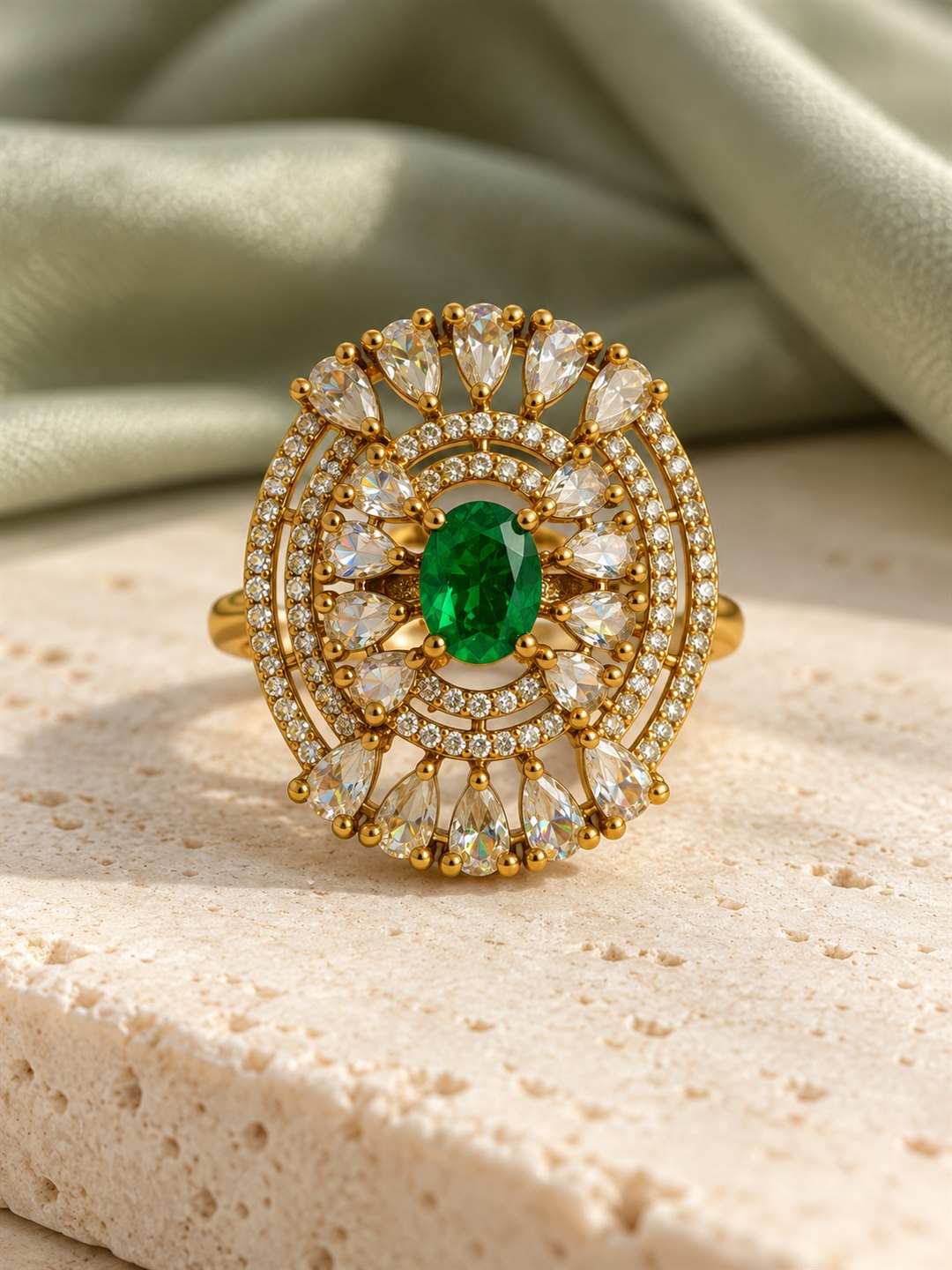 Green Stone Oval Teardrop Halo Ring - Gold Plated, additional view 3