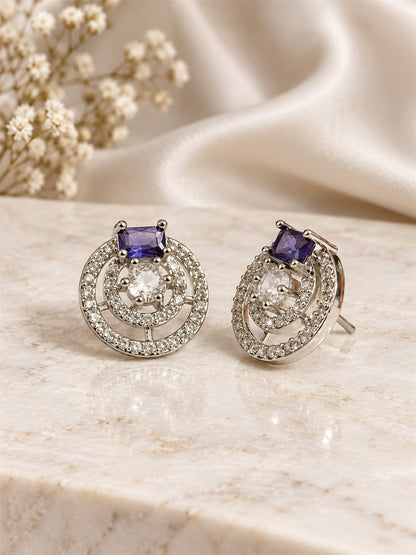Purple Stone Double Halo Stud Earrings, silver plated, lifestyle view