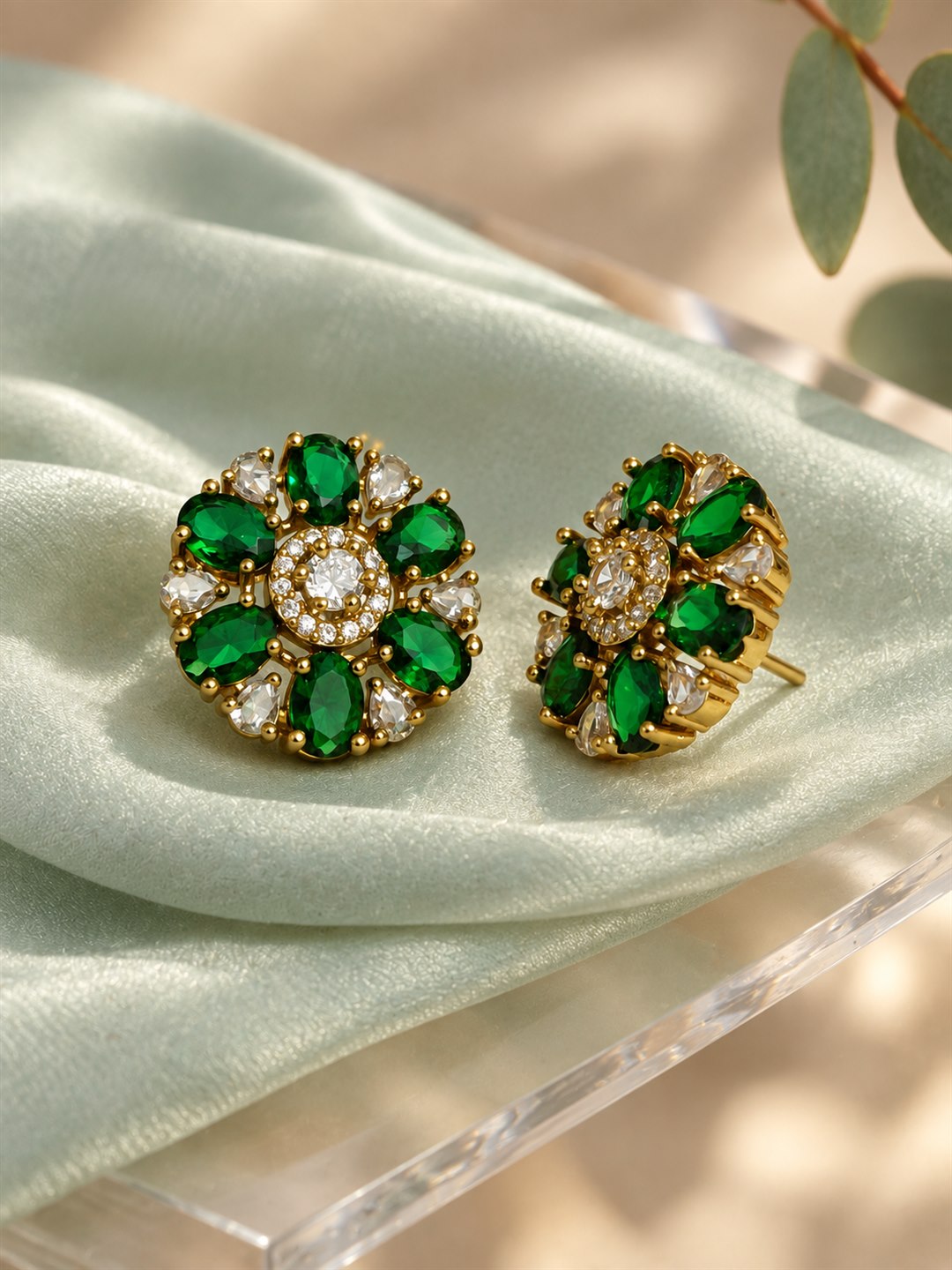 Green Oval Petal Floral Stud Earrings - Gold Plated