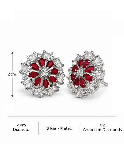 Red heart-petal flower silver-plated stud earrings