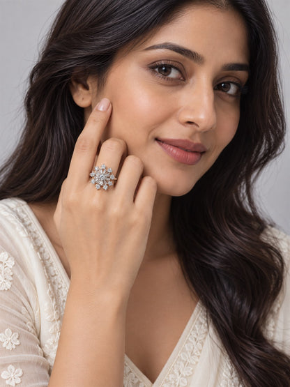 Clear Floral Starburst Ring - Silver Plated