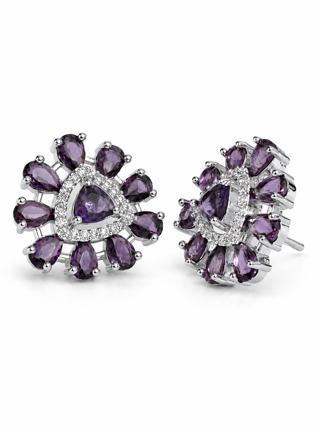 Purple triangle center floral halo silver-plated stud earrings