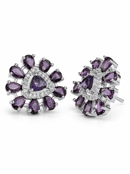 Purple triangle center floral halo silver-plated stud earrings