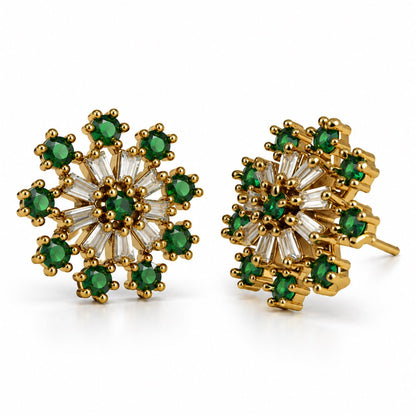 Green Baguette Sunburst Stud Earrings, gold plated