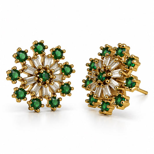 Green Baguette Sunburst Stud Earrings, gold plated