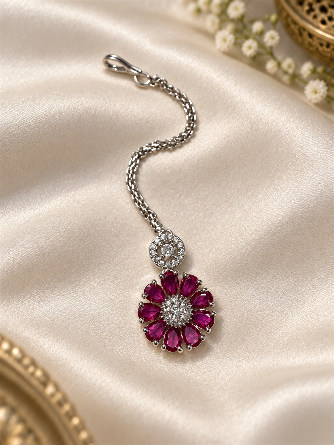 Magenta Teardrop Floral Maang Tikka - Silver Plated, additional view 4