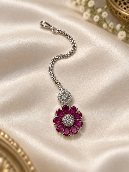 Magenta Teardrop Floral Maang Tikka - Silver Plated, additional view 4