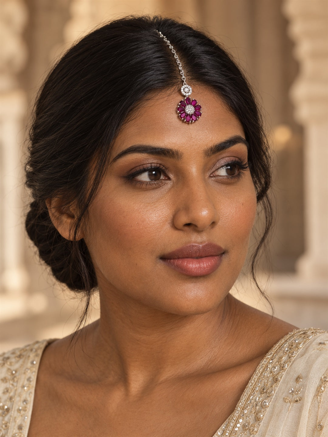 Magenta Teardrop Floral Maang Tikka - Silver Plated, additional view 3