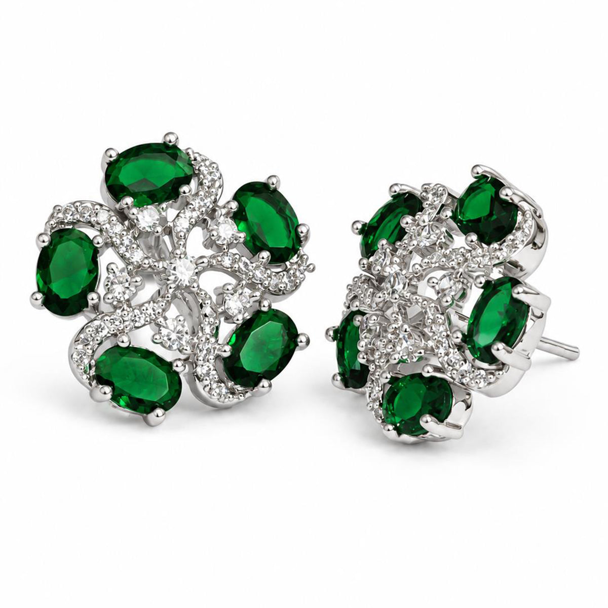 Green five-stone floral halo silver-plated stud earrings