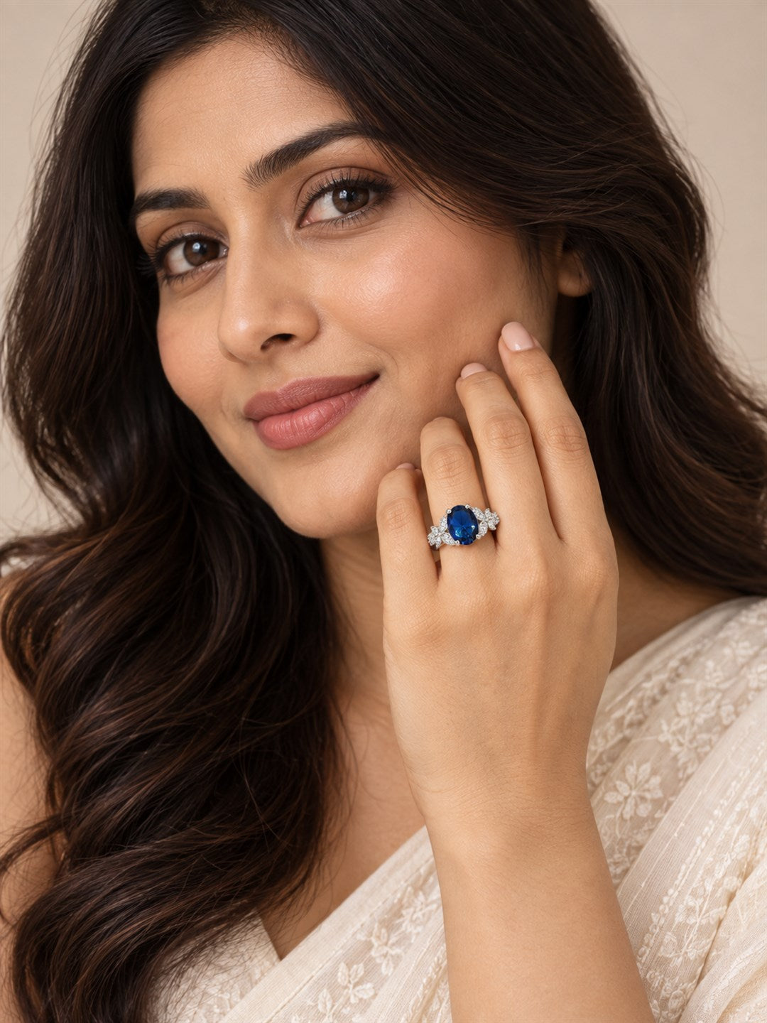 Blue Oval Center Stone Floral Shoulder Ring - Silver Plated