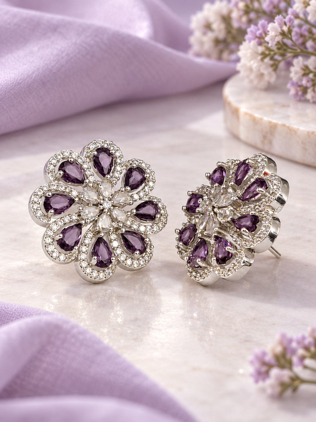 Purple Teardrop Floral Stud Earrings in silver plating