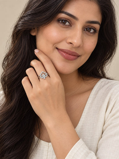 Clear Heart and Flower Ring - Silver Plated