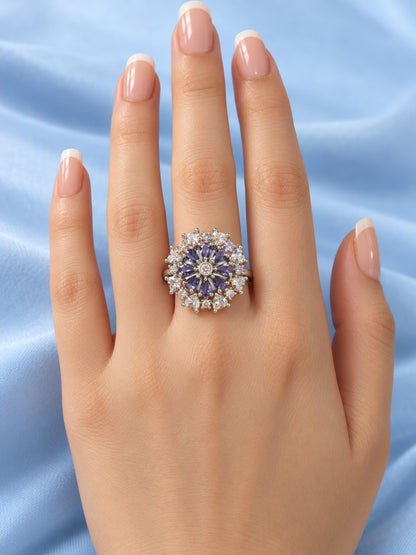 Purple Petal Halo Flower Ring - Silver Plated worn on hand - close-up