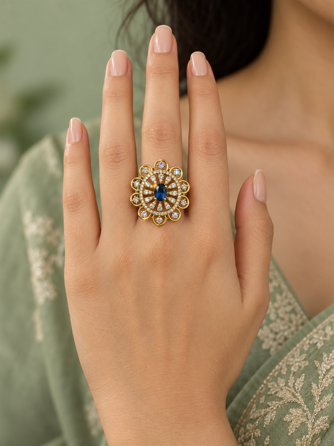 Blue Stone Scalloped Sunburst Ring - Gold Plated, model close-up