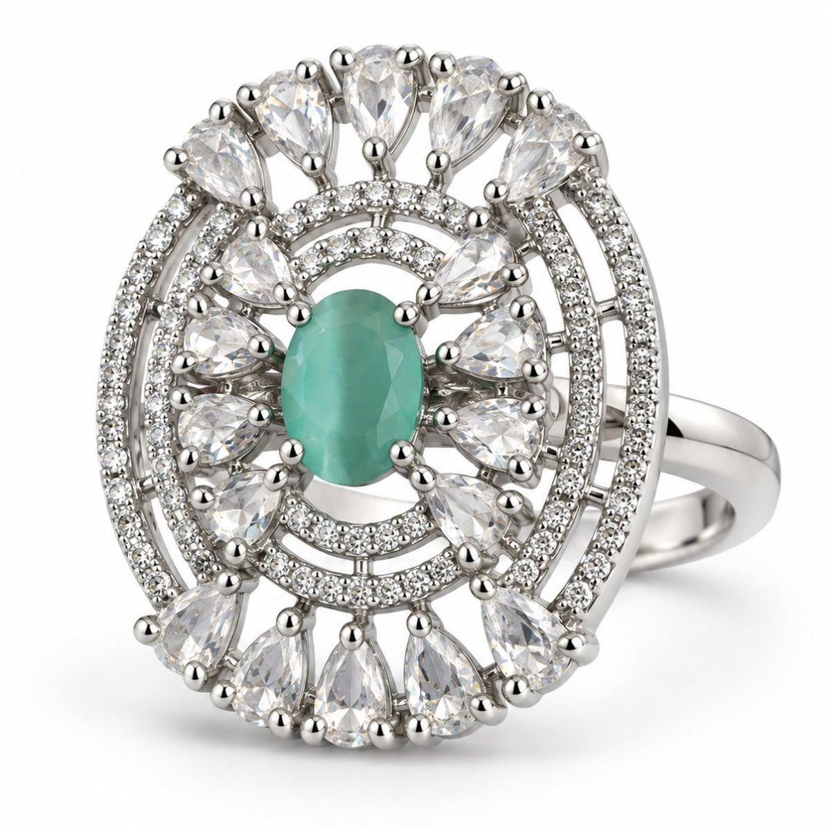Mint Green Oval Center Halo Ring - Silver Plated - product view