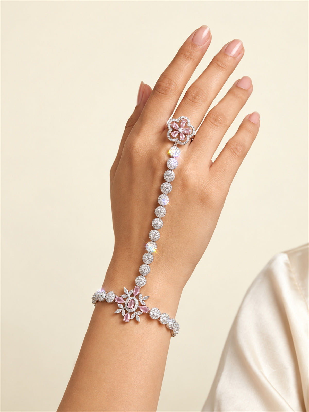 Pink silver-plated floral round-stone chain hathphool
