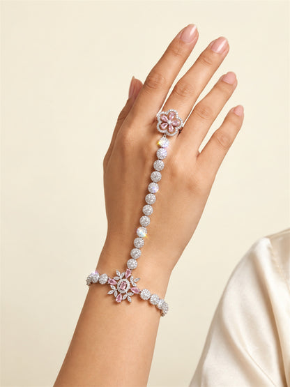 Pink silver-plated floral round-stone chain hathphool