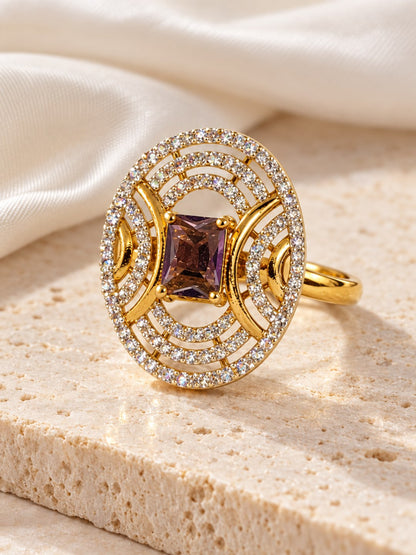 Purple Center Stone Oval Geometric Halo Ring - Gold Plated
