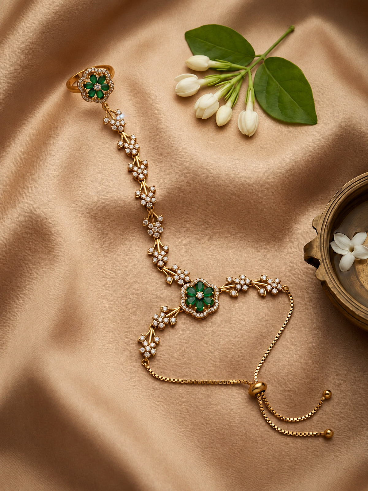 Green Floral Marquise-Stone Chain Hathphool - Mehndi Plated