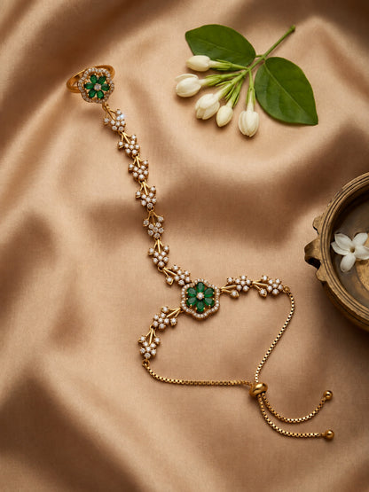 Green Floral Marquise-Stone Chain Hathphool - Mehndi Plated