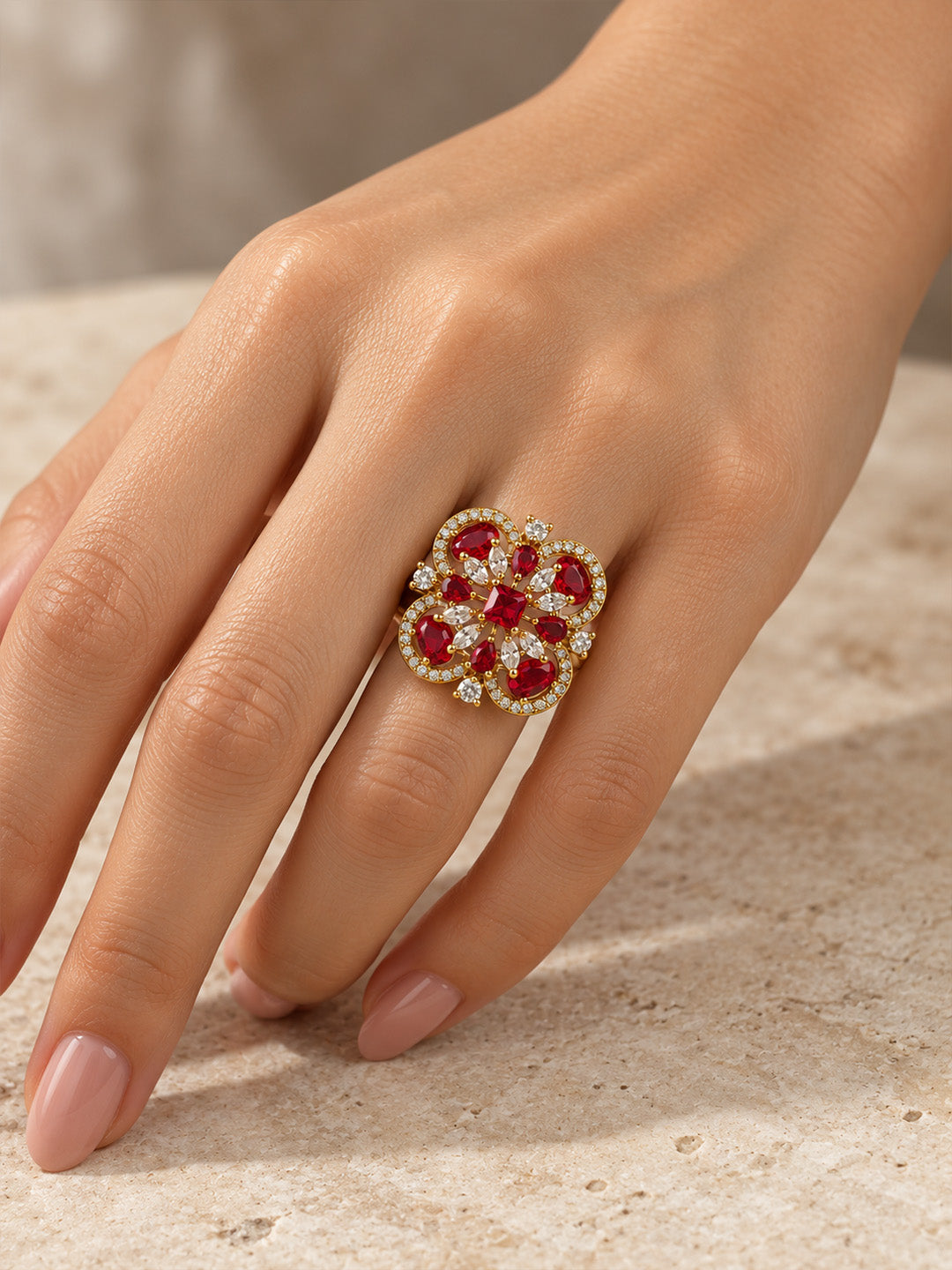 Red Stone Four Leaf Clover Cluster Ring - Gold Plated, model close-up