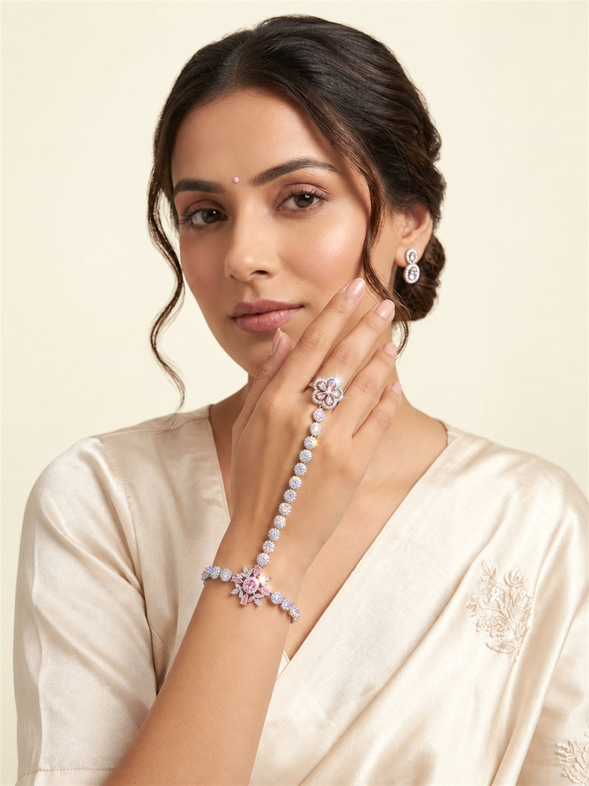 Pink silver-plated floral round-stone chain hathphool