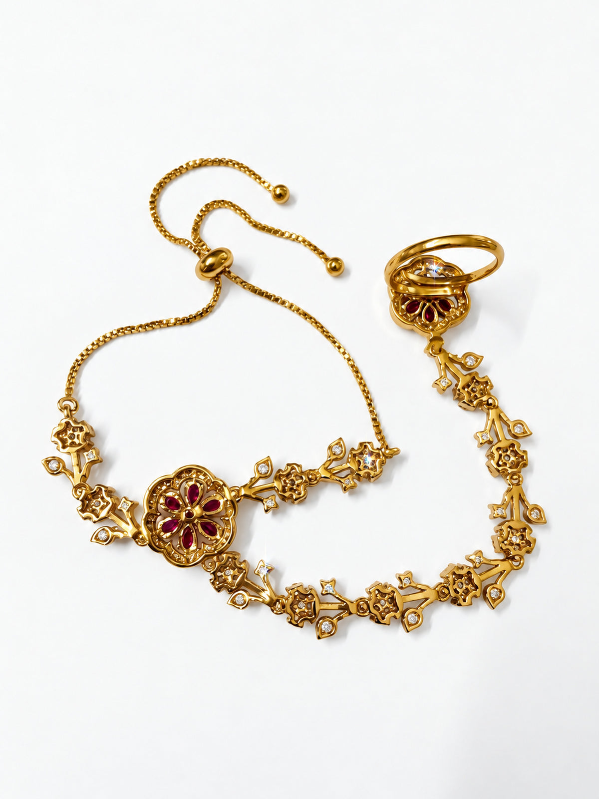 Red Floral Marquise-Stone Chain Hathphool - Mehndi Plated