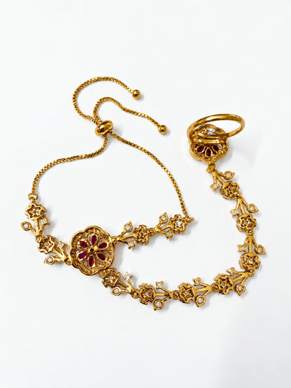 Red Floral Marquise-Stone Chain Hathphool - Mehndi Plated