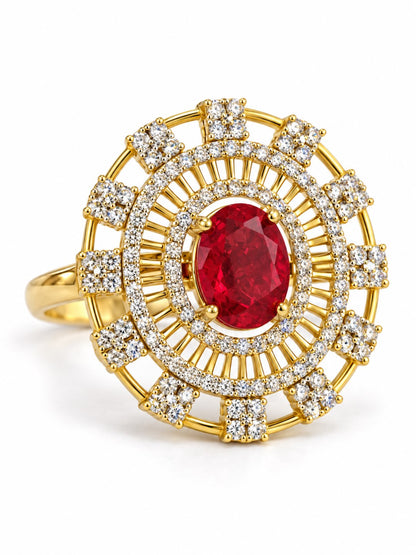 Red Center Stone Baguette Halo Ring - Gold Plated