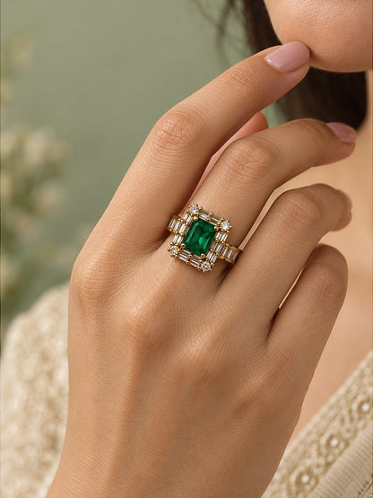 Green Center Stone Baguette Halo Ring - Gold Plated product image