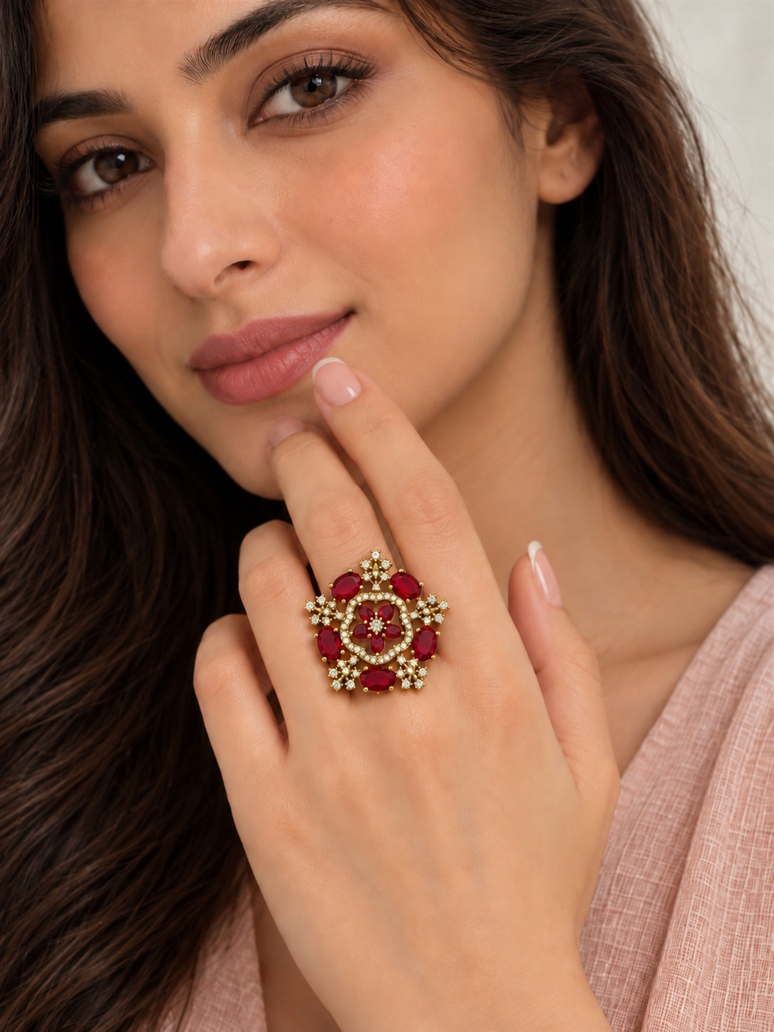 Red Stone Floral Cross Cluster Ring - Gold Plated, model close-up