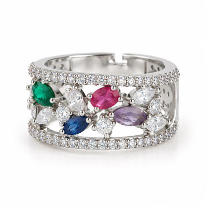 Multicolor Floral Band Ring - Silver Plated