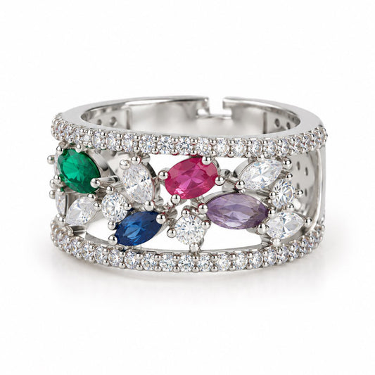 Multicolor Floral Band Ring - Silver Plated