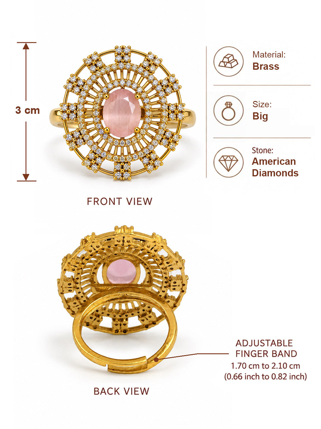 Pink Stone Oval Baguette Halo Ring - Gold Plated, additional view 6