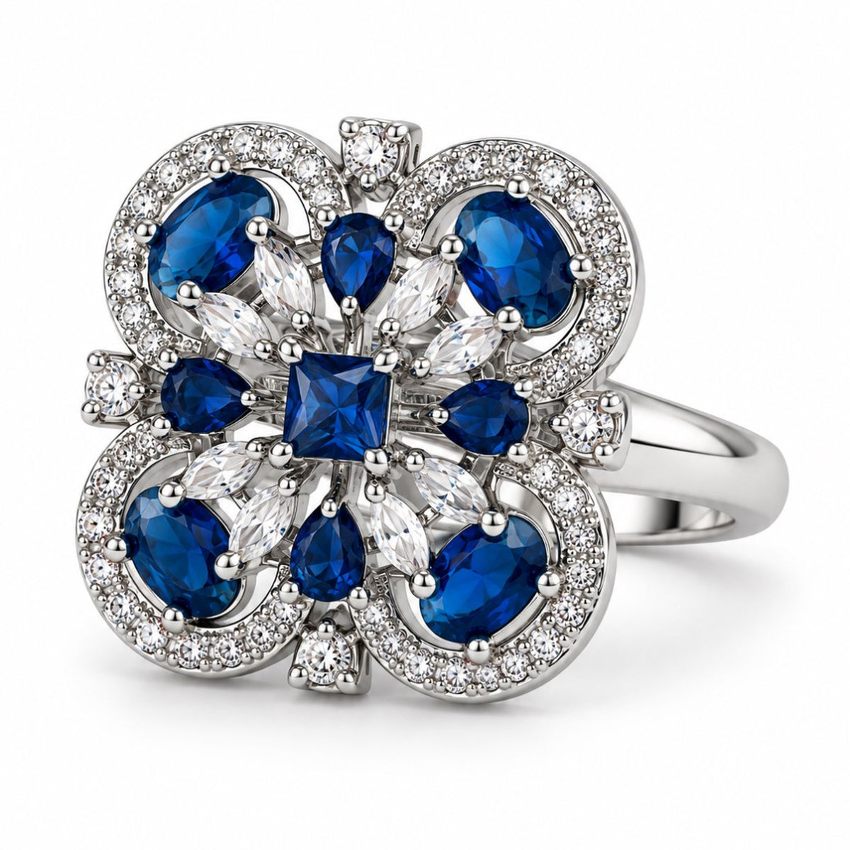 Blue Square Center Quatrefoil Ring - Silver Plated - product view