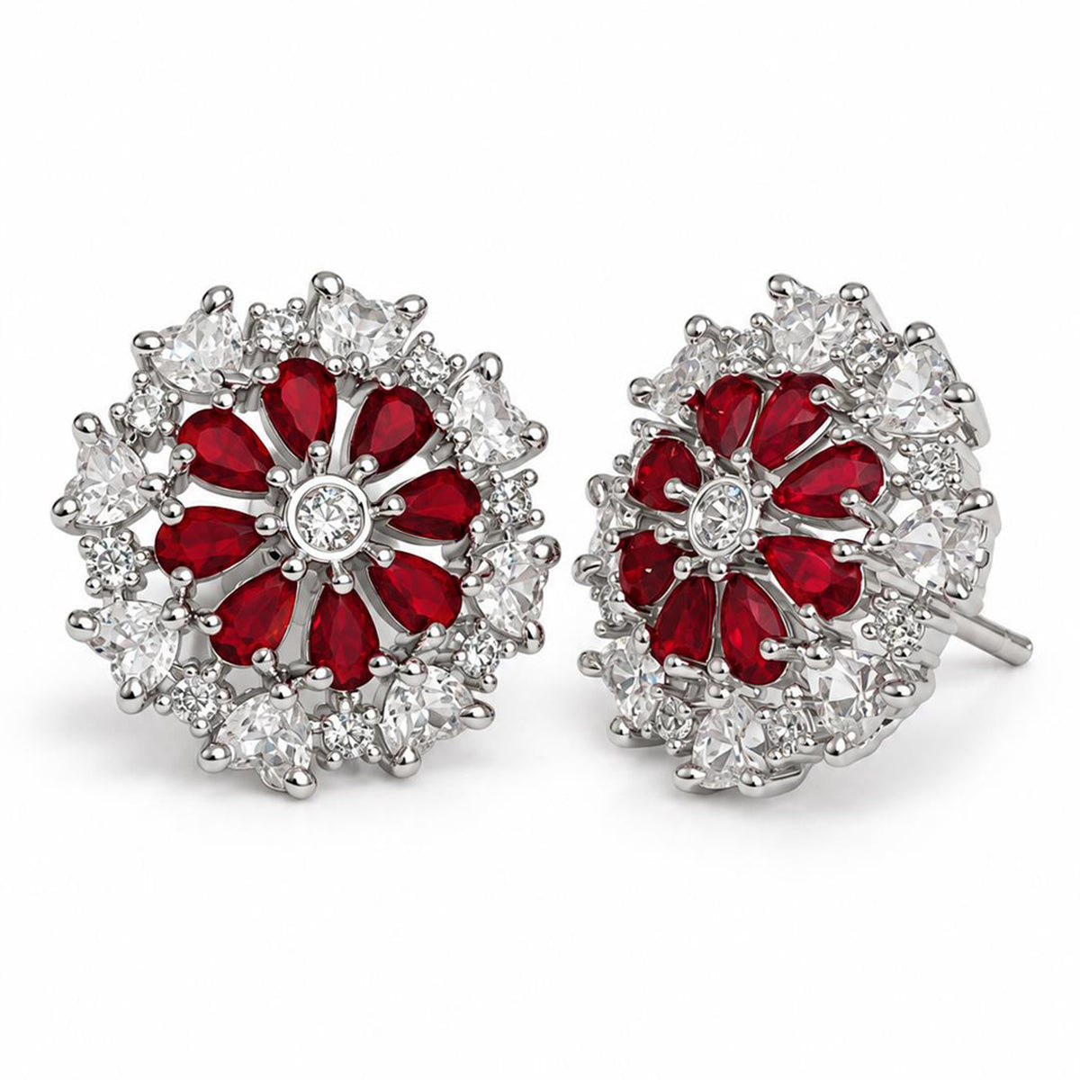 Red heart-petal flower silver-plated stud earrings