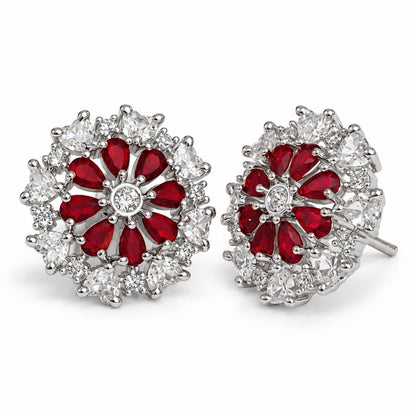Red heart-petal flower silver-plated stud earrings