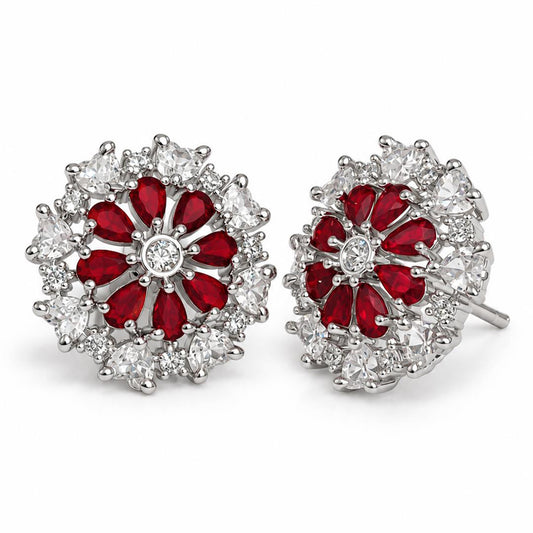 Red heart-petal flower silver-plated stud earrings