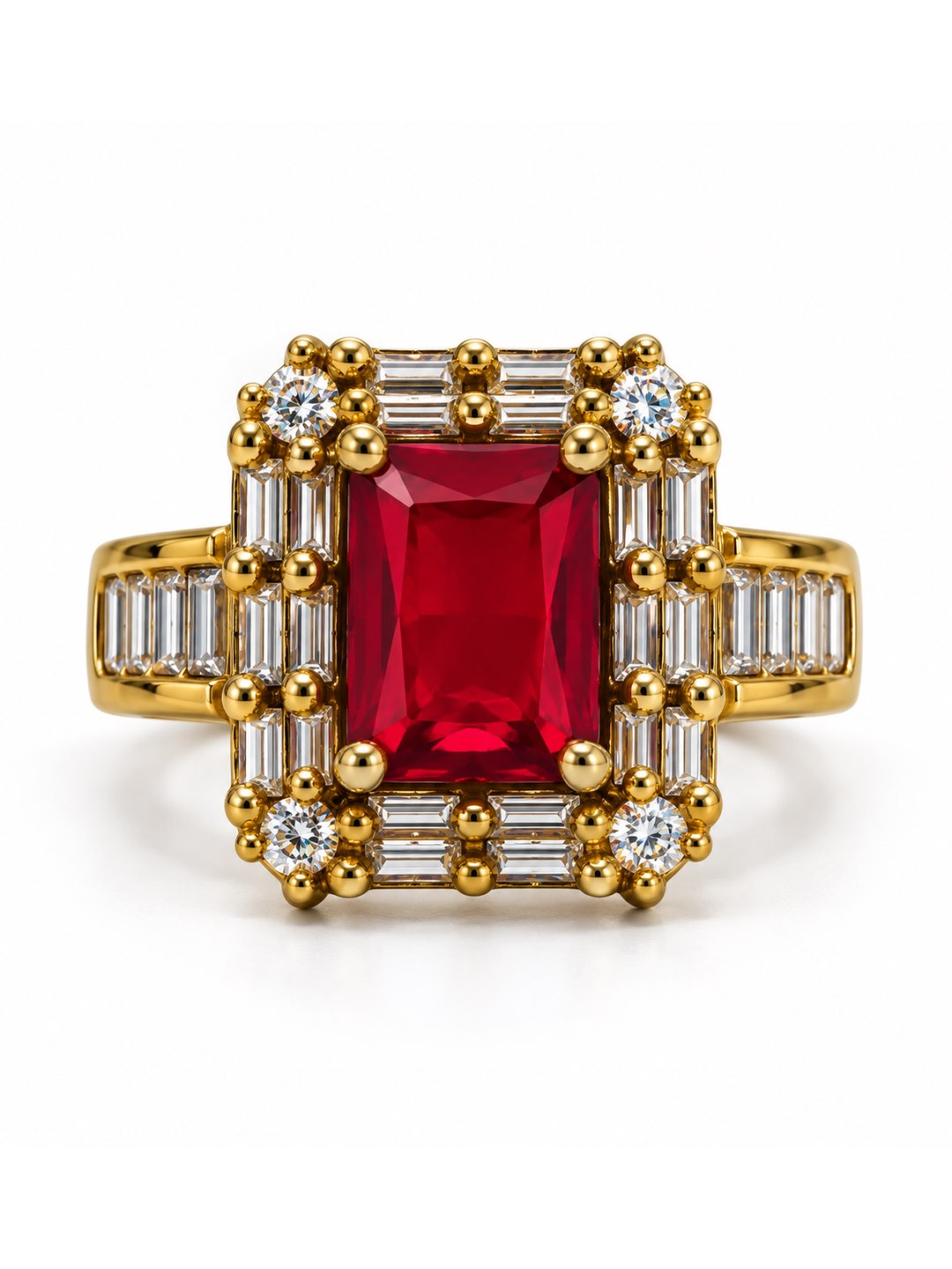 Red Center Stone Baguette Halo Ring - Gold Plated product image