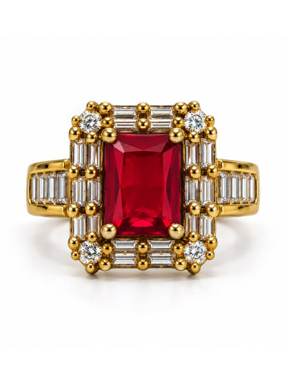 Red Center Stone Baguette Halo Ring - Gold Plated product image