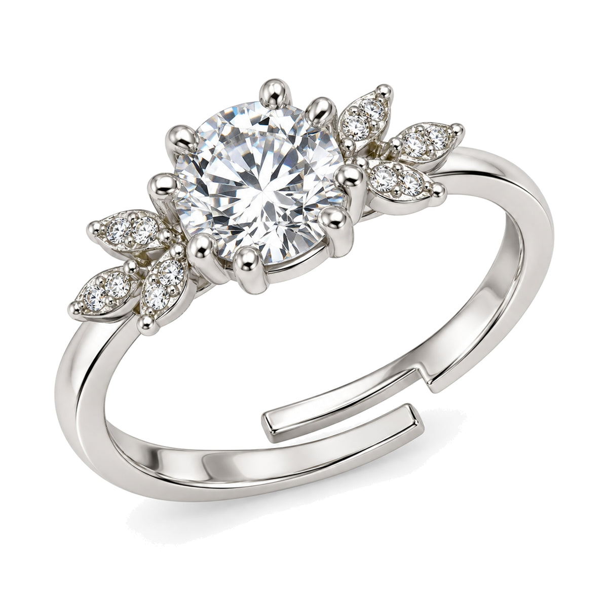 Clear Round Stone Leaf Accent Ring - Silver Plated, product view