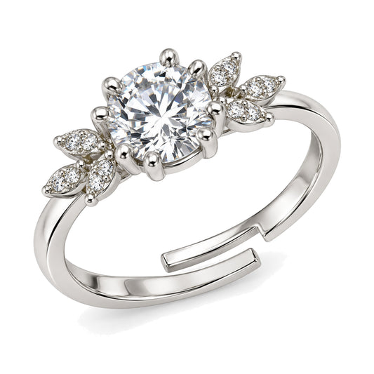 Clear Round Stone Leaf Accent Ring - Silver Plated, product view